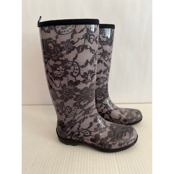 Kamik Tall Rubber Rain Boots Wellies Black Lace Print Womens Size 8 - Picture 3 of 11